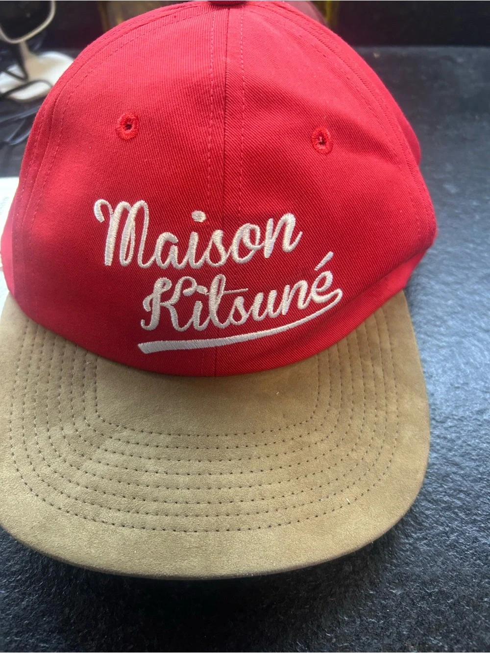 MAISON KITSUNÉ Red Canvas Cap with Tan Suede Brim